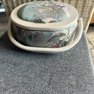 Vintage Oval Padded Sewing Basket Wood Framed and Handle 90's Vibe